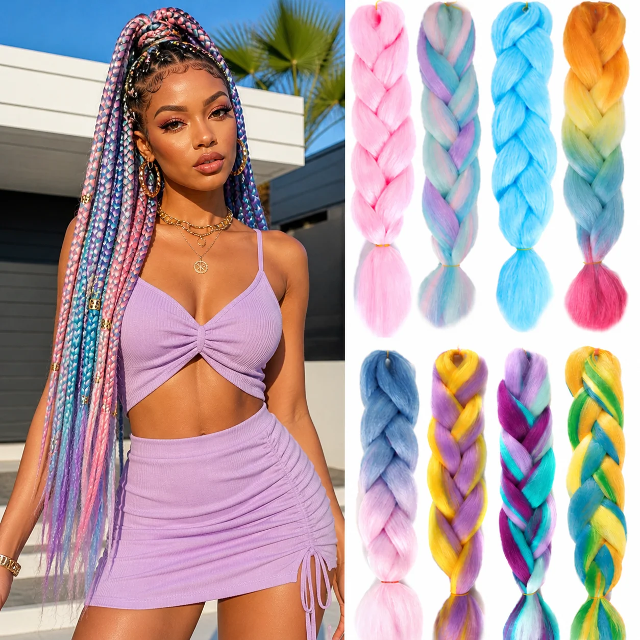 24 Inch Synthetic Long Ombre Braiding Hair for Ladies – Black Purple Pink Blue Blonde Jumbo Braid Extensions, Wholesale Availabl
24 Inch Synthetic Long Ombre Braiding Hair for Ladies – Black Purple Pink Blue Blonde Jumbo Braid Extensions, Wholesale Availabl