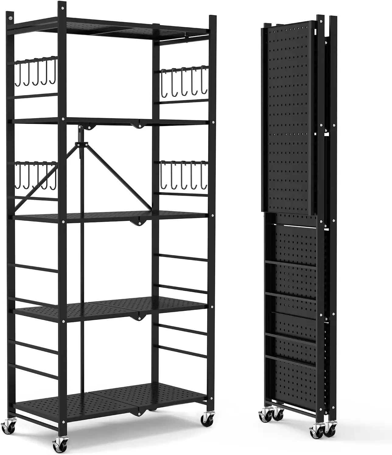5-Tier Collapsible Storage Rack with 20 Hooks, Wheels & Adjustable Feet, Holds 440 lbs for Garage Kitchen
5-Tier Collapsible Storage Rack with 20 Hooks, Wheels & Adjustable Feet, Holds 440 lbs for Garage Kitchen