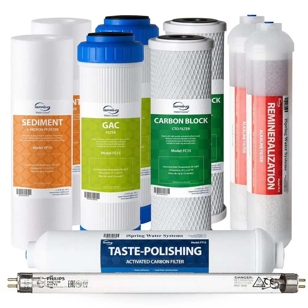 1-Year Replacement Filter Set for 7-Stage Reverse Osmosis Systems, Alkaline Mineral & UV Filters Included, 10 Pieces
1-Year Replacement Filter Set for 7-Stage Reverse Osmosis Systems, Alkaline Mineral & UV Filters Included, 10 Pieces