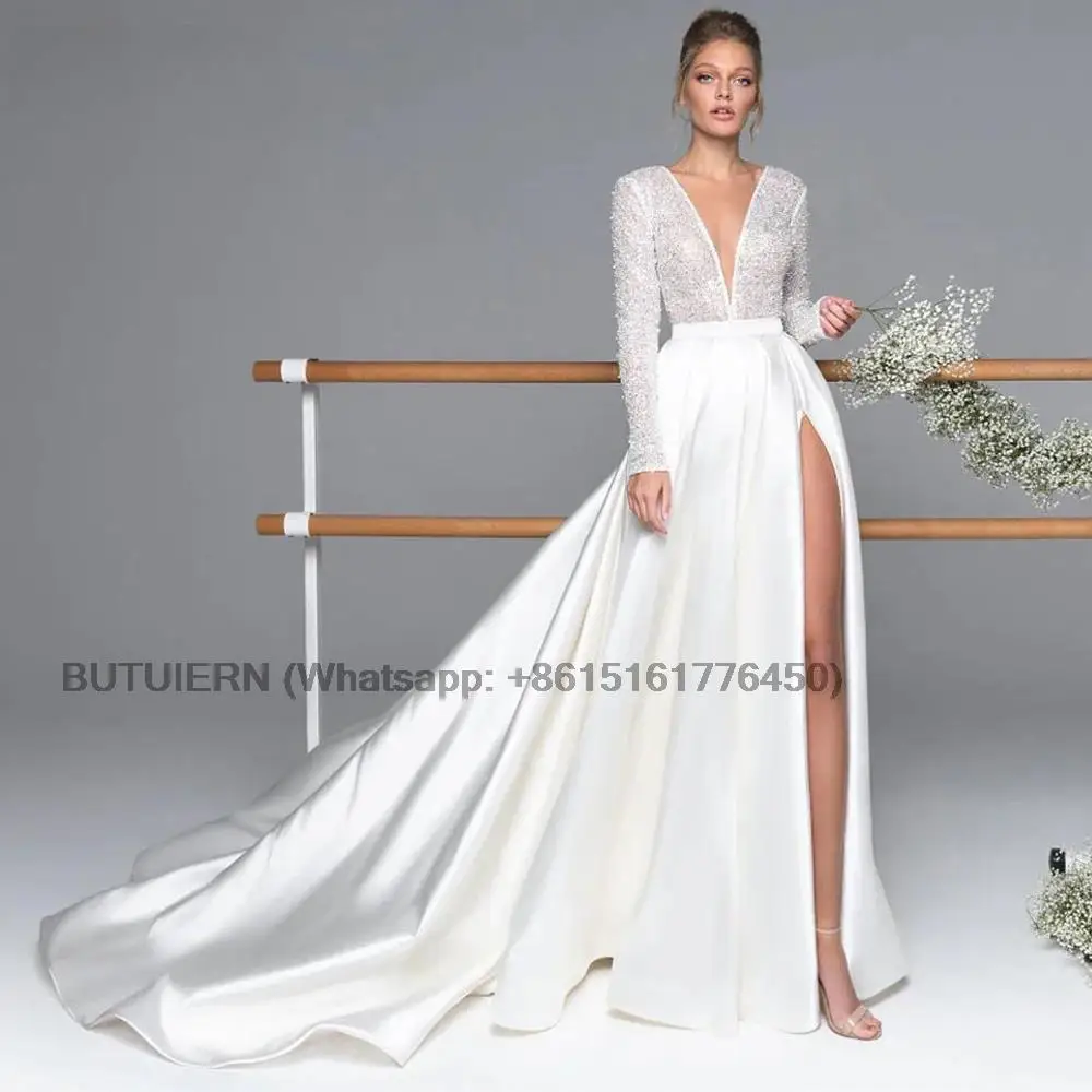 Luxury Long Sleeve Satin Wedding Dress Deep V-Neck Side Split Bridal Party Gown vestido de novia Sweep Train 2023
Luxury Long Sleeve Satin Wedding Dress Deep V-Neck Side Split Bridal Party Gown vestido de novia Sweep Train 2023