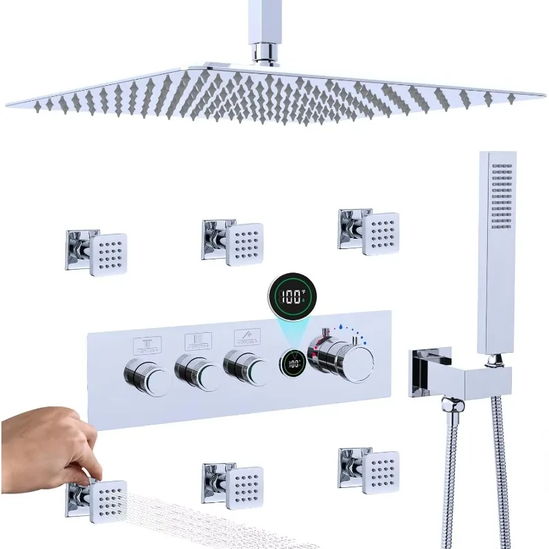 16-Inch Rainfall Shower System Independent Flow Control Thermostatic Push-Button Valve Temperature Display Chrome Apartments
16-Inch Rainfall Shower System Independent Flow Control Thermostatic Push-Button Valve Temperature Display Chrome Apartments