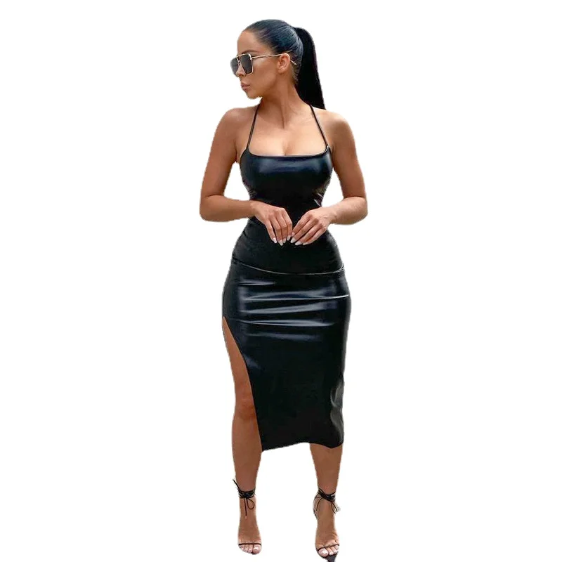 Women Sexy Spaghetti Strap Split Midi Dress Off Shoulder Bodycon Sexy Party Faux Leather Dress Vestidos De Mujer Party Dresses
Women Sexy Spaghetti Strap Split Midi Dress Off Shoulder Bodycon Sexy Party Faux Leather Dress Vestidos De Mujer Party Dresses