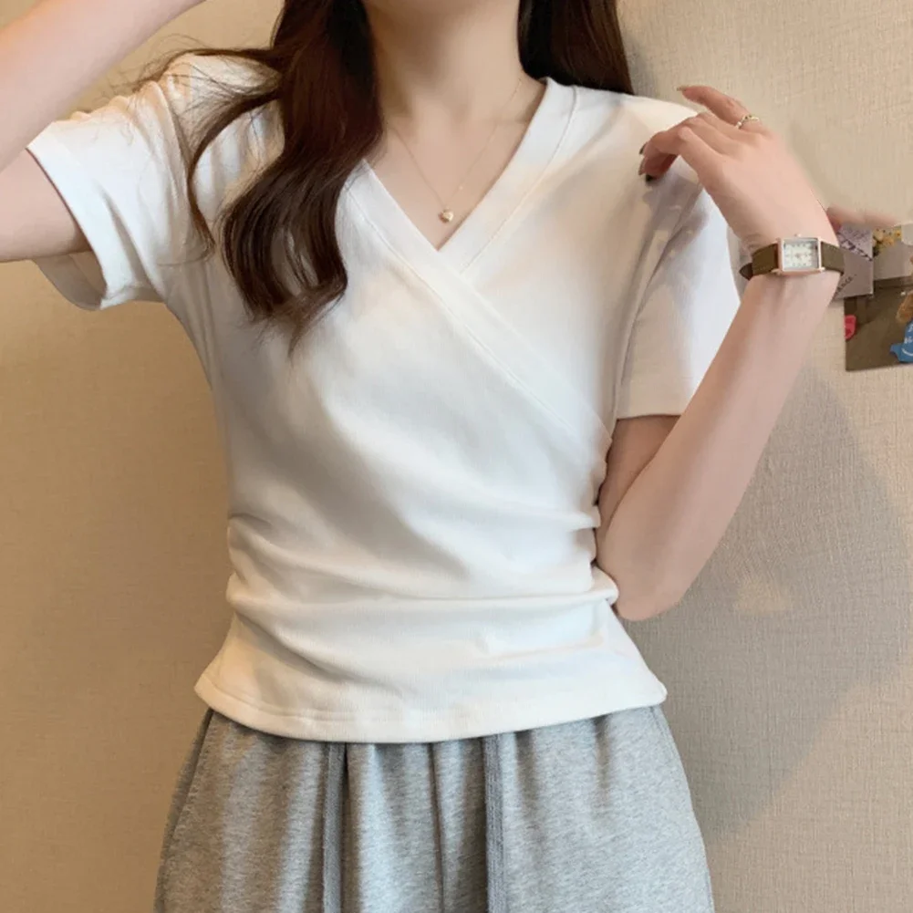 Female T-Shirt Cross V-Neck Short Sleeve Skin-friendly Slight Stretch Slim-Fitting Solid Color Streetwear Daily
Female T-Shirt Cross V-Neck Short Sleeve Skin-friendly Slight Stretch Slim-Fitting Solid Color Streetwear Daily