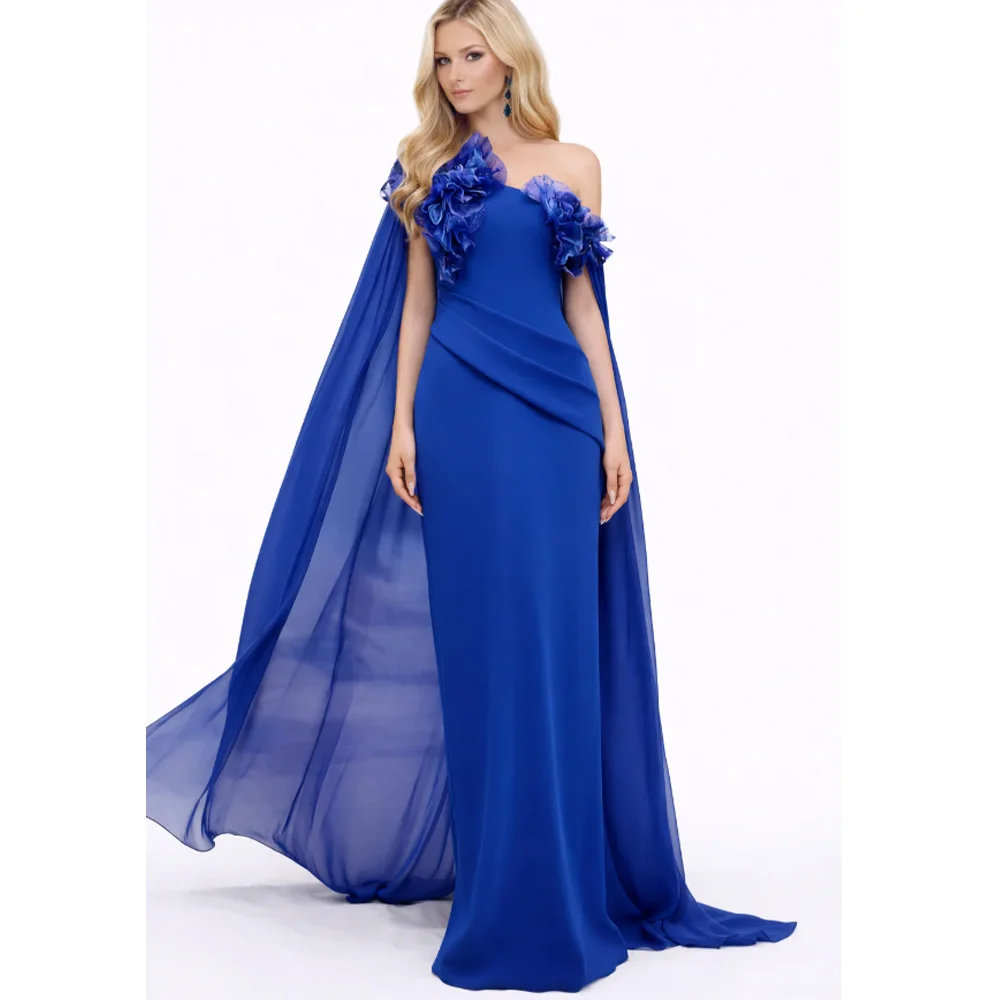 Customized Cobalt Blue Chiffon Cape Evening Dress One Shoulder 3D Floral Formal Prom Gown with Train for Women
Customized Cobalt Blue Chiffon Cape Evening Dress One Shoulder 3D Floral Formal Prom Gown with Train for Women