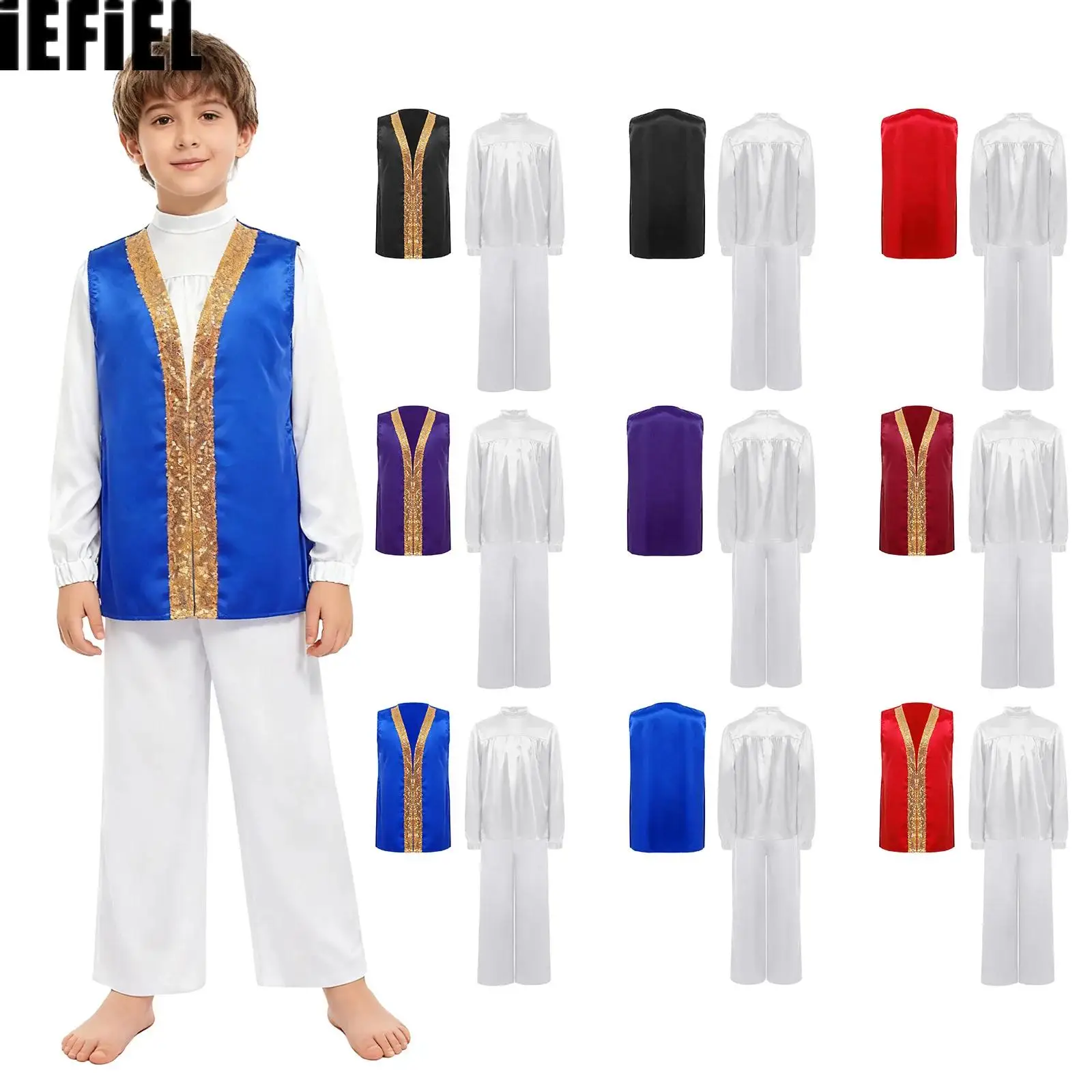 Kids Boys Praise Dance Outfits Long Sleeve Satin Tops with Elastic Waistband Wide-Leg Pants And Sides Split Sequins Robe
Kids Boys Praise Dance Outfits Long Sleeve Satin Tops with Elastic Waistband Wide-Leg Pants And Sides Split Sequins Robe