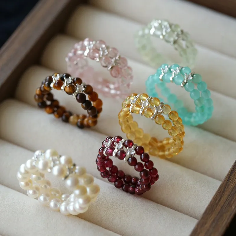 Sugar Color Natural Stone Elastic Ring for Women, Strawberry Stone Tiger Eye Stone Ring Double Row Strand Finger Ring
Sugar Color Natural Stone Elastic Ring for Women, Strawberry Stone Tiger Eye Stone Ring Double Row Strand Finger Ring