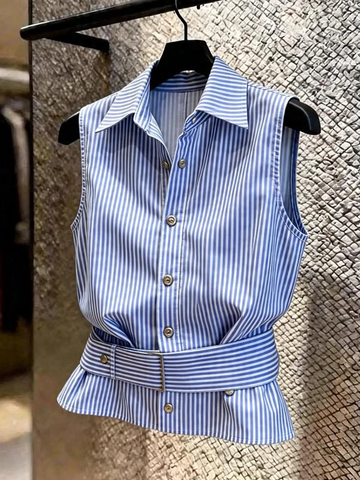 Elegant Blue Striped Casual Shirt Women's Summer 2026 New Loose Sleeveless Top Fashion Design Korean Style round Neck Cardigan
Elegant Blue Striped Casual Shirt Women's Summer 2026 New Loose Sleeveless Top Fashion Design Korean Style round Neck Cardigan