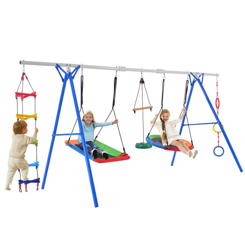5 in 1 Playground Swing Sets with Steel Frame, Multifunction Playsets for Kids with Climbing Ladder, Disc Swing and Swing Ring 
5 in 1 Playground Swing Sets with Steel Frame, Multifunction Playsets for Kids with Climbing Ladder, Disc Swing and Swing Ring