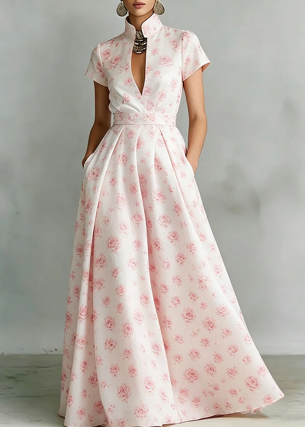 Women's Elegant Maxi Dress Stand Collar Light Pink Tiny Rose Print Slim Short Sleeve Side Pocket Summer Fashion Everyday Outfit
Women's Elegant Maxi Dress Stand Collar Light Pink Tiny Rose Print Slim Short Sleeve Side Pocket Summer Fashion Everyday Outfit