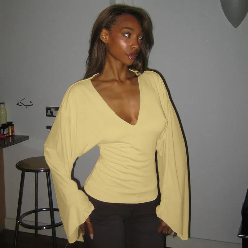 Облегающий расклешенный длинный топ с v-образным вырезом, сексуальная футболка Bell Sve из полиэстера для женщин, весенний сезон, Thiened
Облегающий расклешенный длинный топ с v-образным вырезом, сексуальная футболка Bell Sve из полиэстера для женщин, весенний сезон, Thiened