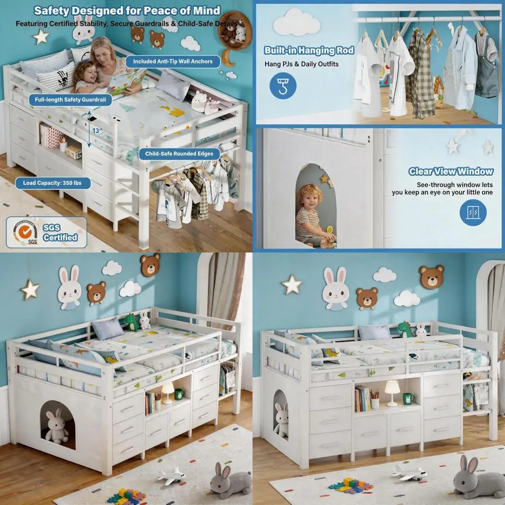 Low Loft Bed with 8 Drawers, Bookshelf, Safety Rail, Play Curtain, Under-Bed Play Area - White
Low Loft Bed with 8 Drawers, Bookshelf, Safety Rail, Play Curtain, Under-Bed Play Area - White