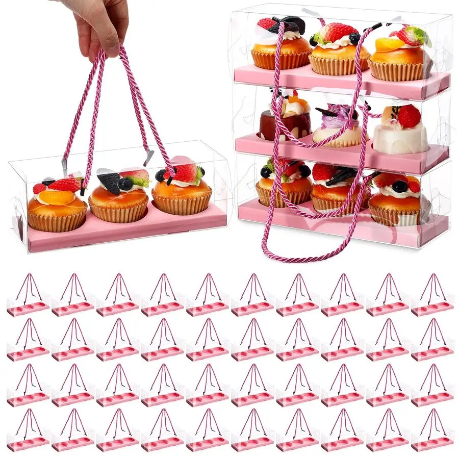 40 Pcs Clear Cupcake Boxes 9 x 3 x 3 Inch Rectangular Cupcake Containers 3 Compartments Pastry Packaging Cookies Gift Box with R