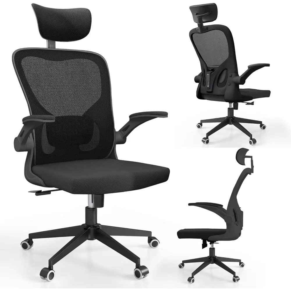 "ergonomic high-back mesh office chair with 2d adjustable headrest, flip-up armrests, and lumbar support" 
"ergonomic high-back mesh office chair with 2d adjustable headrest, flip-up armrests, and lumbar support"
