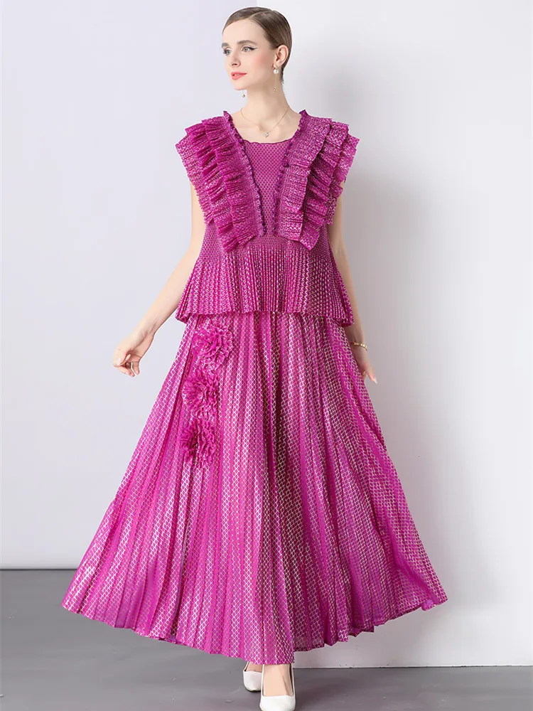 Miyake Pleated Stamping Printed Two Piece Sets Women Summer Elegant Short Sleeved Ruffles Blouse Tops and Long Maxi Skirt Suits
Miyake Pleated Stamping Printed Two Piece Sets Women Summer Elegant Short Sleeved Ruffles Blouse Tops and Long Maxi Skirt Suits