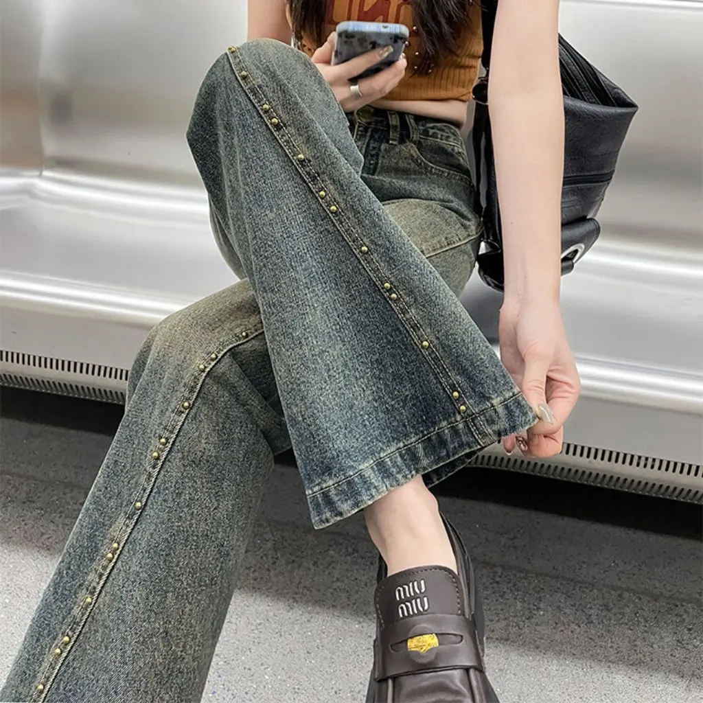 Широкие брюки с высокой талией, весна-осень, ретро с заклепками, свободные прямые брюки грушевидной формы, дизайн тела для эффекта похудения 
Широкие брюки с высокой талией, весна-осень, ретро с заклепками, свободные прямые брюки грушевидной формы, дизайн тела для эффекта похудения