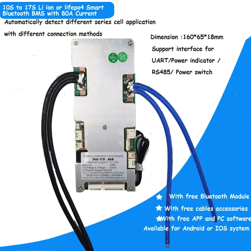 10S to 17S 36V 48V 60V Li ion or Lifepo4 Smart BMS with UART and RS485 Communication 80A constant current
10S to 17S 36V 48V 60V Li ion or Lifepo4 Smart BMS with UART and RS485 Communication 80A constant current
