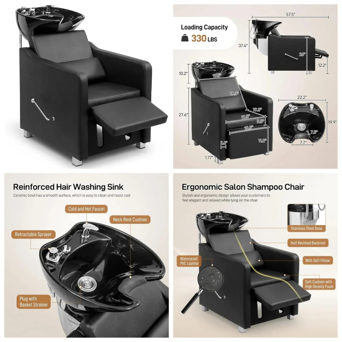 Black Shampoo Backwash Chair with Ceramic Sink & Adjustable Leg Rest, Reclining Barber Station for Salon Spa, Customized
Black Shampoo Backwash Chair with Ceramic Sink & Adjustable Leg Rest, Reclining Barber Station for Salon Spa, Customized