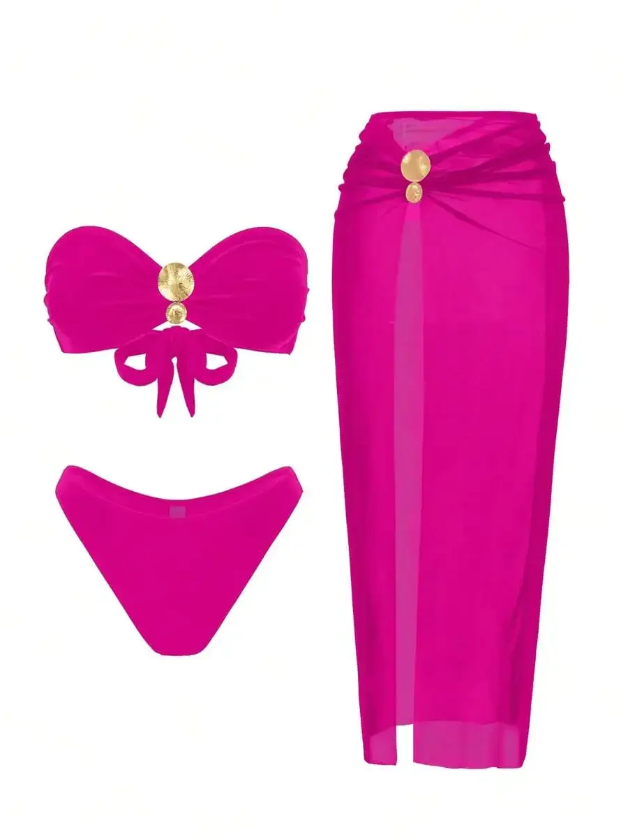 3 Piece Bandeau Bikini Set With Mesh Skirt Solid Color Beach Swimwear For Women
3 Piece Bandeau Bikini Set With Mesh Skirt Solid Color Beach Swimwear For Women