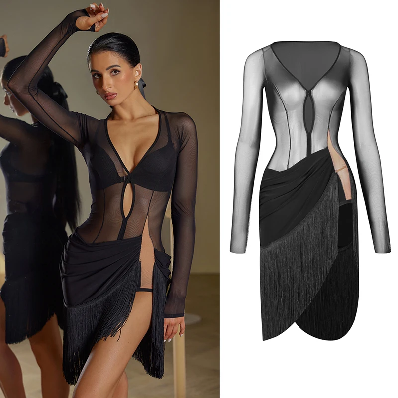 Sexy Latin Dance Dress Women Adult Irregukar Fringe Black Dress Mesh Backless Cha Cha Rumba Performance Practice Clothes NV19061
Sexy Latin Dance Dress Women Adult Irregukar Fringe Black Dress Mesh Backless Cha Cha Rumba Performance Practice Clothes NV19061