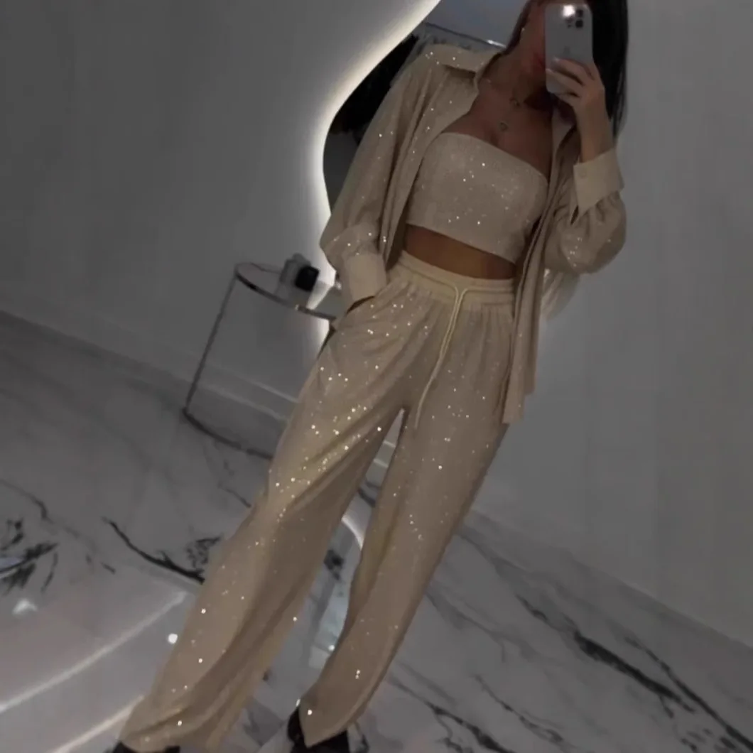 Women 3pcs Clothes Set Loose Casual Sequined Blazer & Sleeveless Tank Top & Wide Leg Pants
Women 3pcs Clothes Set Loose Casual Sequined Blazer & Sleeveless Tank Top & Wide Leg Pants