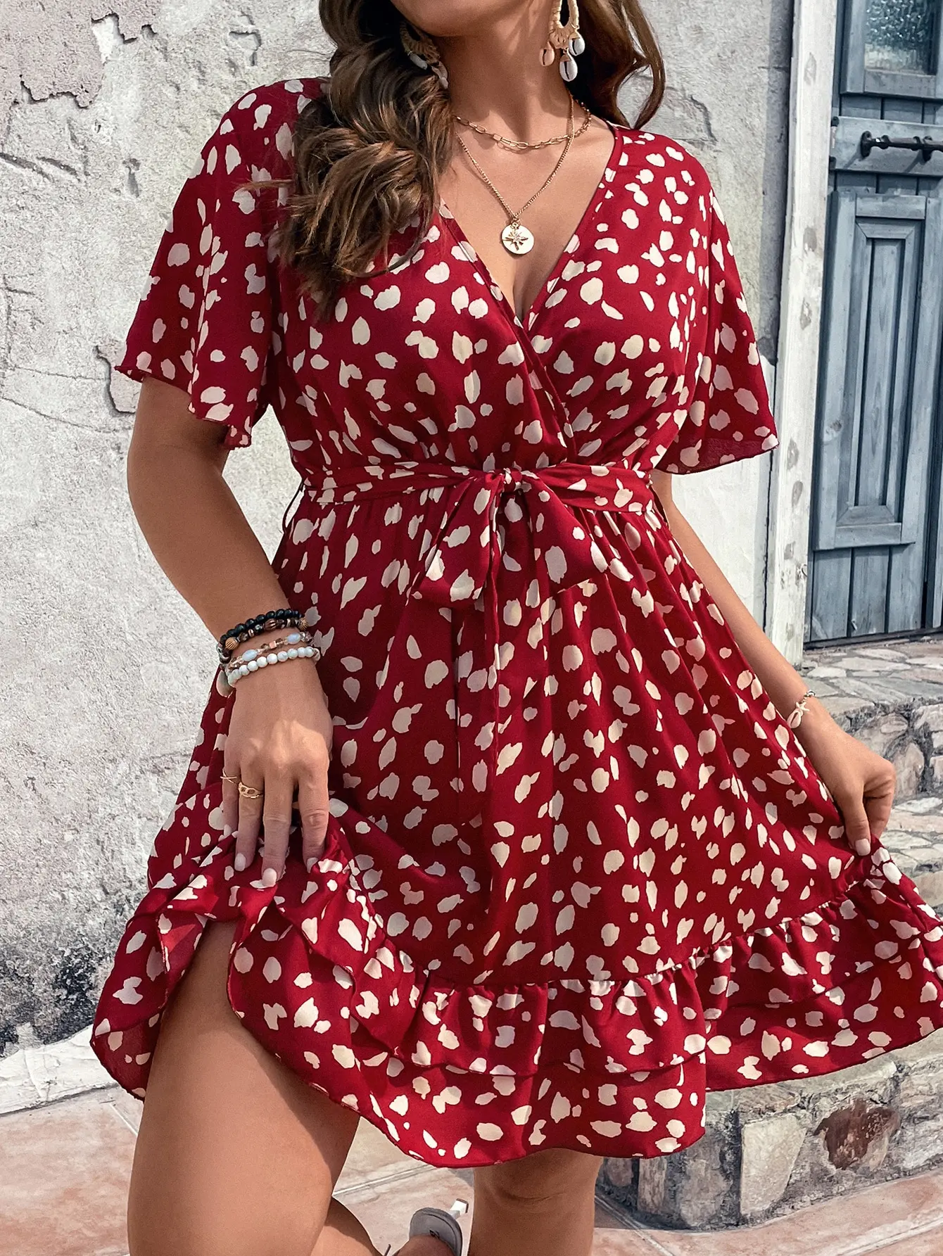 Red Abstract Print Wrap Dress with Ruffle Hem and Self Belt
Red Abstract Print Wrap Dress with Ruffle Hem and Self Belt