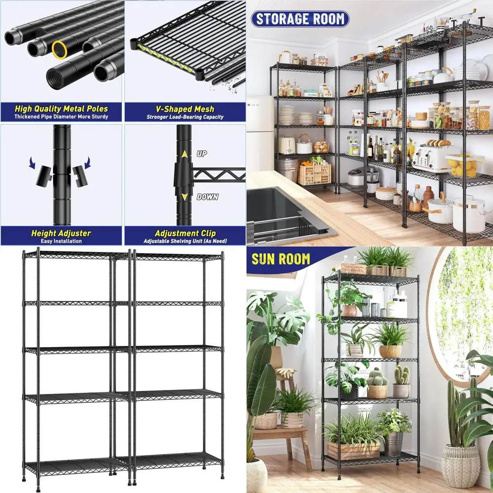 Adjustable 5-Tier Metal Wire Shelving Unit, 1010lbs Capacity, 13.6D x 21.5W x 59.4H, 2-Pack for Kitchen, Pantry, Laundry, Bathro
Adjustable 5-Tier Metal Wire Shelving Unit, 1010lbs Capacity, 13.6D x 21.5W x 59.4H, 2-Pack for Kitchen, Pantry, Laundry, Bathro