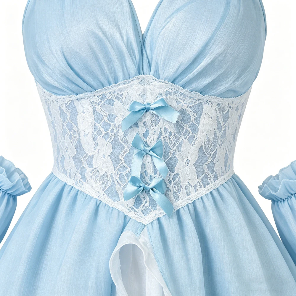 Light Blue Chiffon Princess Nightgown Sets with Bow Decor Tiered Skirt Detachable Arm Cuffs Sweet Suspender Homewears for Women
Light Blue Chiffon Princess Nightgown Sets with Bow Decor Tiered Skirt Detachable Arm Cuffs Sweet Suspender Homewears for Women