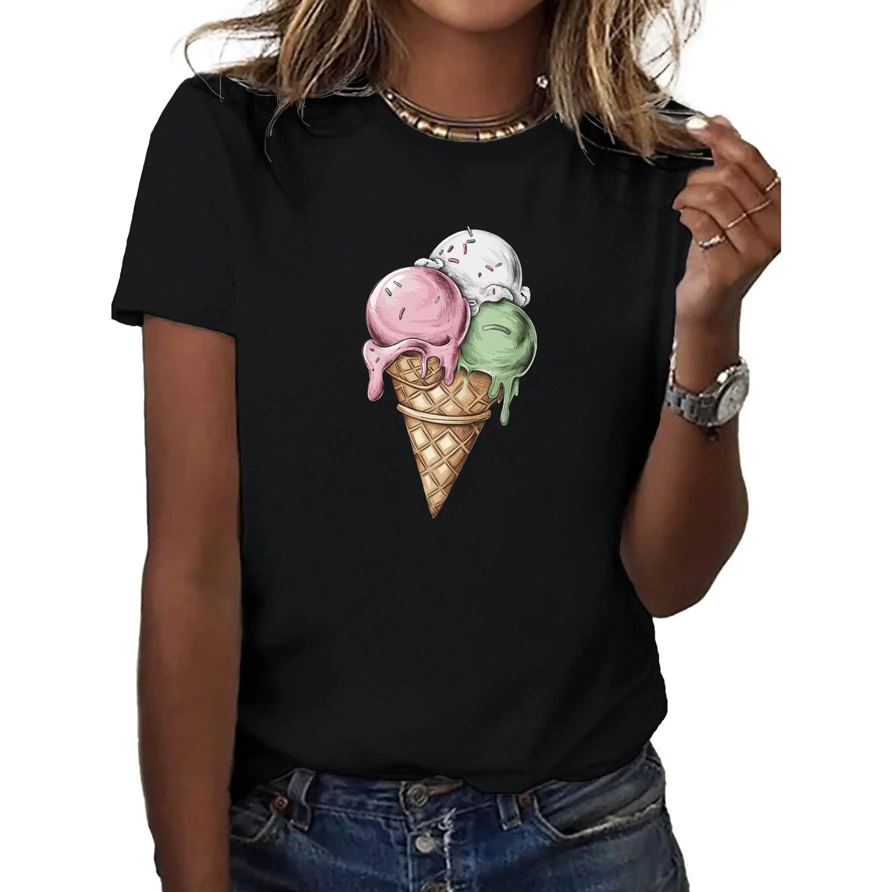 Women's Soft T-Shirt with Playful Ice Cream & Animal Print, Comfort Fit, Short Sleeve, Round Neck - Blue Casual Summer Tee
Women's Soft T-Shirt with Playful Ice Cream & Animal Print, Comfort Fit, Short Sleeve, Round Neck - Blue Casual Summer Tee