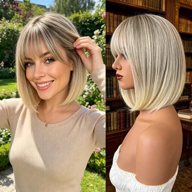 Naturally breathable, bangs, gradient golden straight hair, bob style, fashionable shoulder-length short wig
Naturally breathable, bangs, gradient golden straight hair, bob style, fashionable shoulder-length short wig