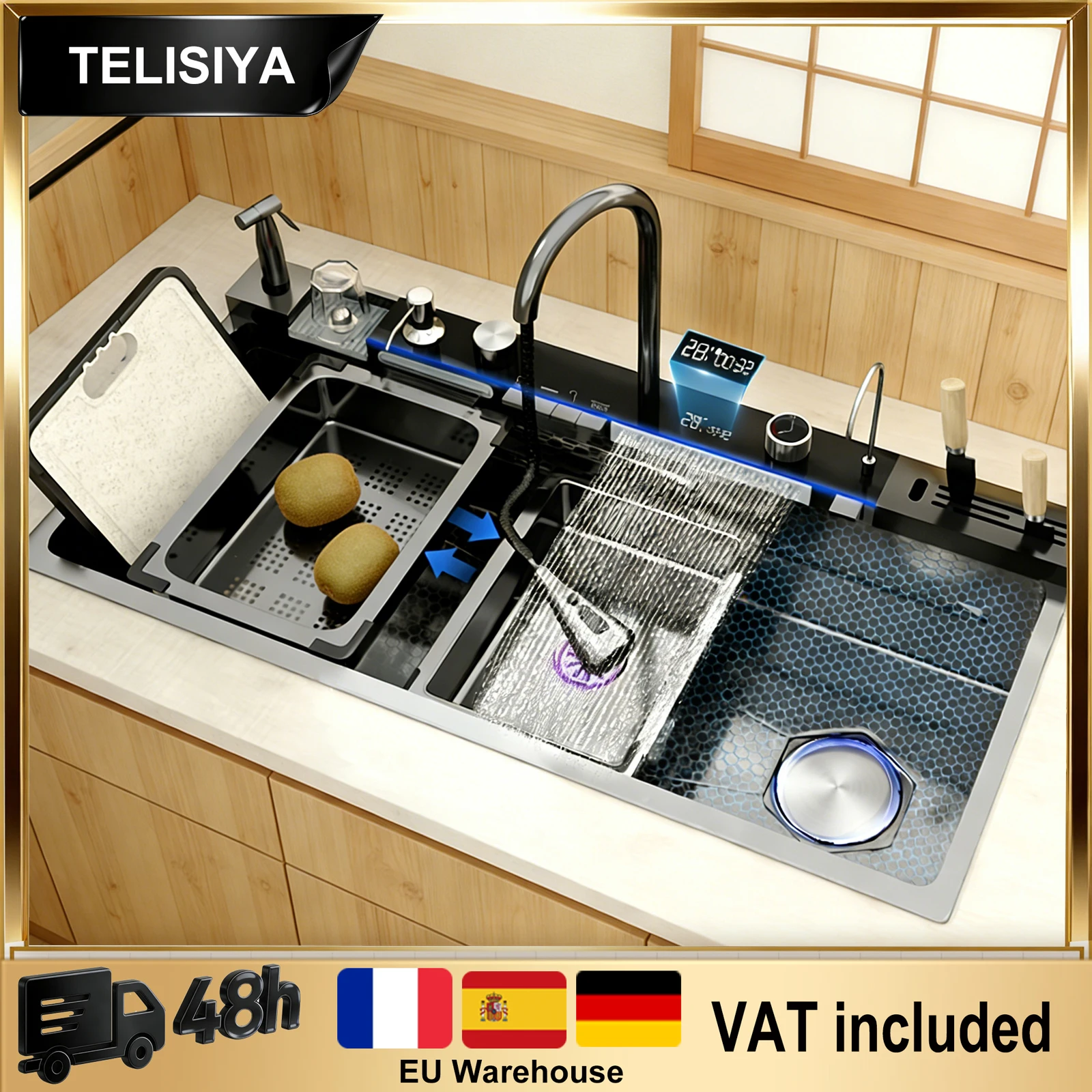 Многофункциональная кухонная мойка из нержавеющей стали с интеллектуальным цифровым дисплеем, водопадным изливом, для мытья посуды, с клавишным управлением, большая одинарная чаша
Многофункциональная кухонная мойка из нержавеющей стали с интеллектуальным цифровым дисплеем, водопадным изливом, для мытья посуды, с клавишным управлением, большая одинарная чаша