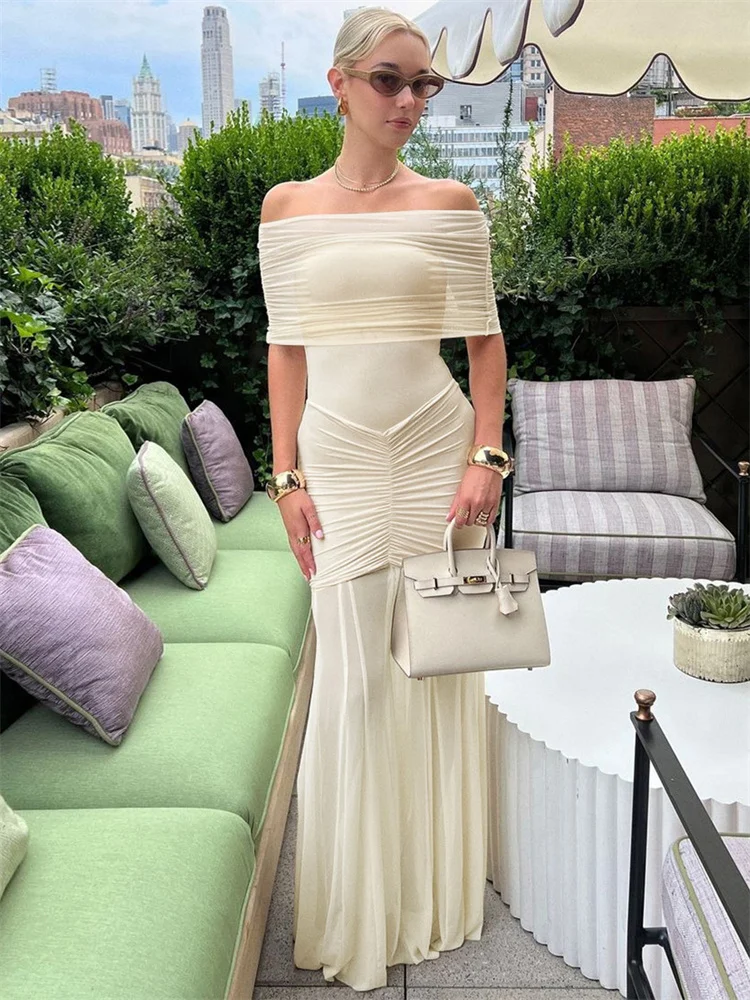 Tossy Spring Mesh Backless Long Dress For Women Pleated Patchwork Off-Shoulder See-Through Elegant Dress Female Solid Dress 2025
Tossy Spring Mesh Backless Long Dress For Women Pleated Patchwork Off-Shoulder See-Through Elegant Dress Female Solid Dress 2025