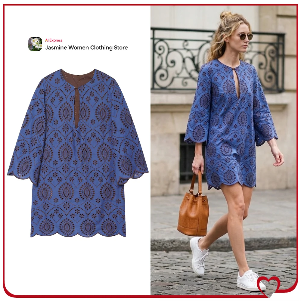 Fashion Women Embroidered Eyelet Mini Dresses Summer Hollow Out Dresses New in V-neckline and Long Sleeves Dress with Embroidery
Fashion Women Embroidered Eyelet Mini Dresses Summer Hollow Out Dresses New in V-neckline and Long Sleeves Dress with Embroidery