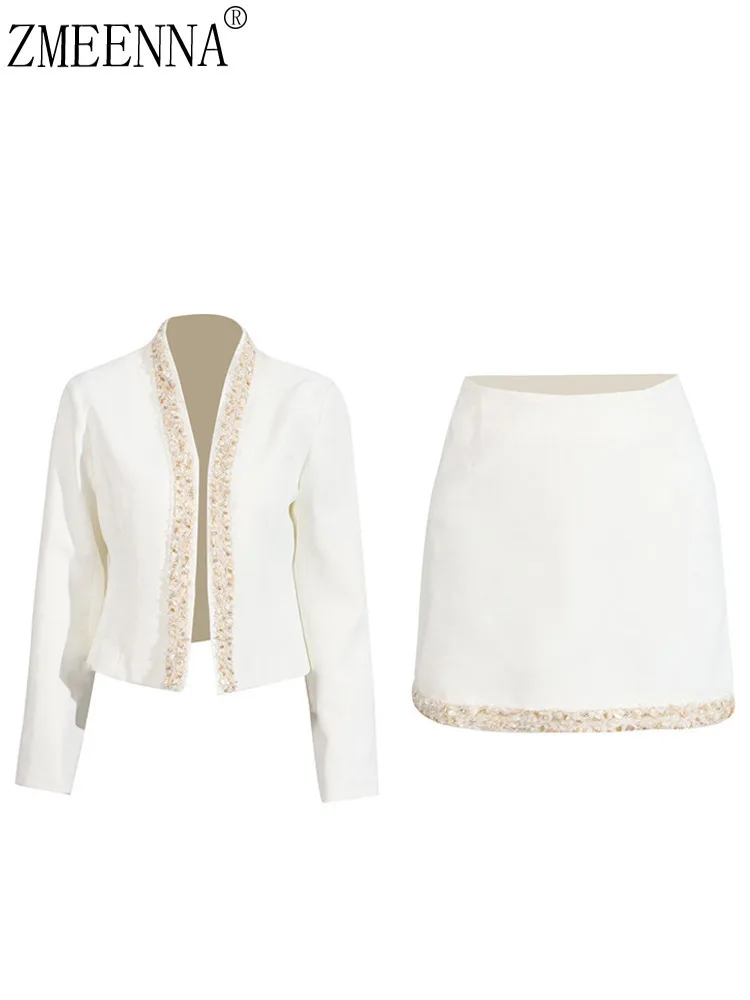 ZMEENNA High Waist Skirt Women's Elegant White Two Piece Set With Embellished Trim Long Sleeve Jacket Stylish Design ZM662
ZMEENNA High Waist Skirt Women's Elegant White Two Piece Set With Embellished Trim Long Sleeve Jacket Stylish Design ZM662