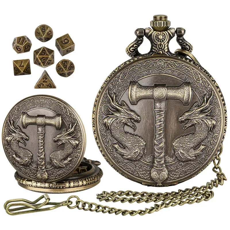 Bronze Hammer Double Dragons Pocket Watch Case Fob Chain 7Pcs Tiny Metal Polyhedral Dice Set for Table Board Role Play
Bronze Hammer Double Dragons Pocket Watch Case Fob Chain 7Pcs Tiny Metal Polyhedral Dice Set for Table Board Role Play