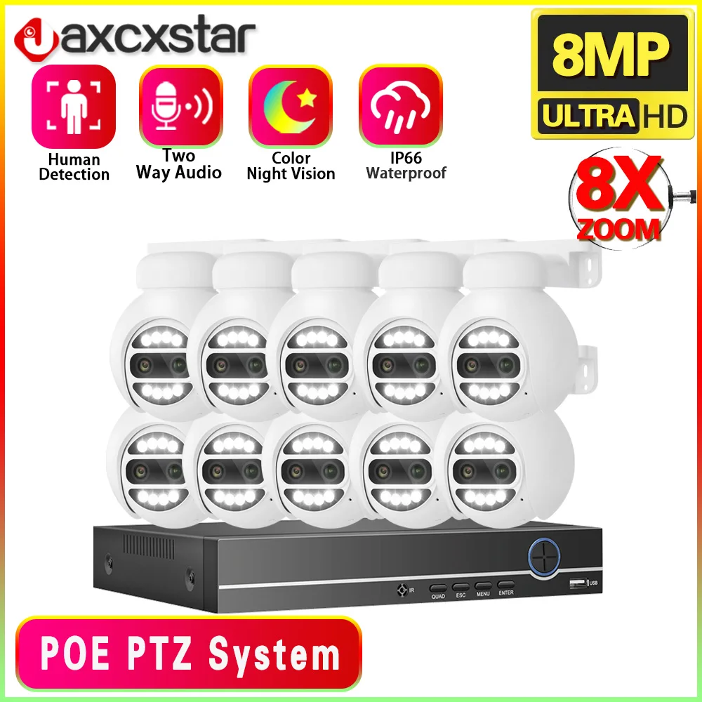 4K Dual Lens POE Camera 8MP 10CH NVR 8X Zoom Two Ways Audio CCTV PTZ Security Color Night Vision Video Surveillance Camera Kit
4K Dual Lens POE Camera 8MP 10CH NVR 8X Zoom Two Ways Audio CCTV PTZ Security Color Night Vision Video Surveillance Camera Kit