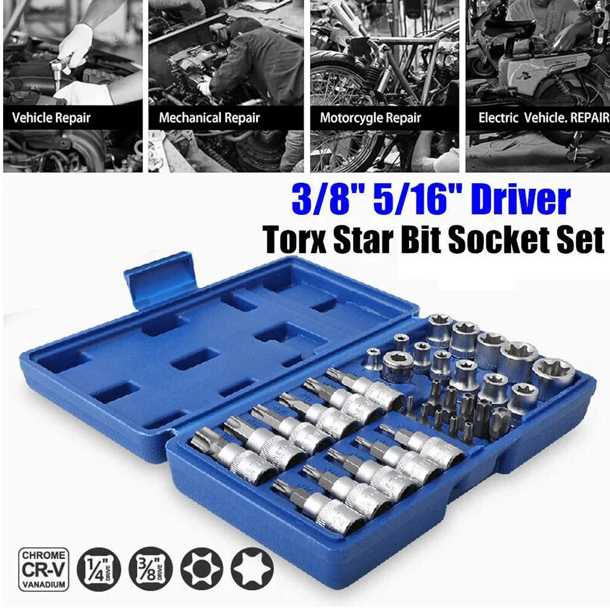 34pcs Torx Bit Socket and E-Torx Star Socket Set 1/4" 3/8" Drive Male Female E-torx Security Bits Handheld Tool Auto Repair Tool
34pcs Torx Bit Socket and E-Torx Star Socket Set 1/4" 3/8" Drive Male Female E-torx Security Bits Handheld Tool Auto Repair Tool