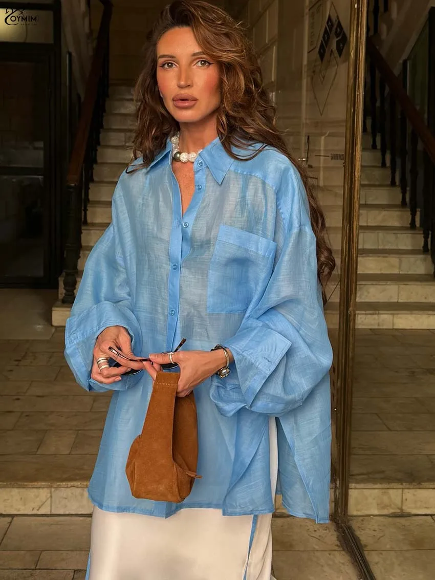 Oymimi Fashion Blue Lapel Woman Blouses Elegant Long Sleeve Translucent Side Slit Blouses Casual Pockets Single-Breasted Shirts
Oymimi Fashion Blue Lapel Woman Blouses Elegant Long Sleeve Translucent Side Slit Blouses Casual Pockets Single-Breasted Shirts