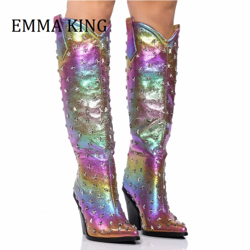 Women Star Studded Western Cowboy Boots Ladies Wedge Heels Mixed Color Knee High Boots Sexy Pointed Toe Pull On Botas De Mujer
Women Star Studded Western Cowboy Boots Ladies Wedge Heels Mixed Color Knee High Boots Sexy Pointed Toe Pull On Botas De Mujer