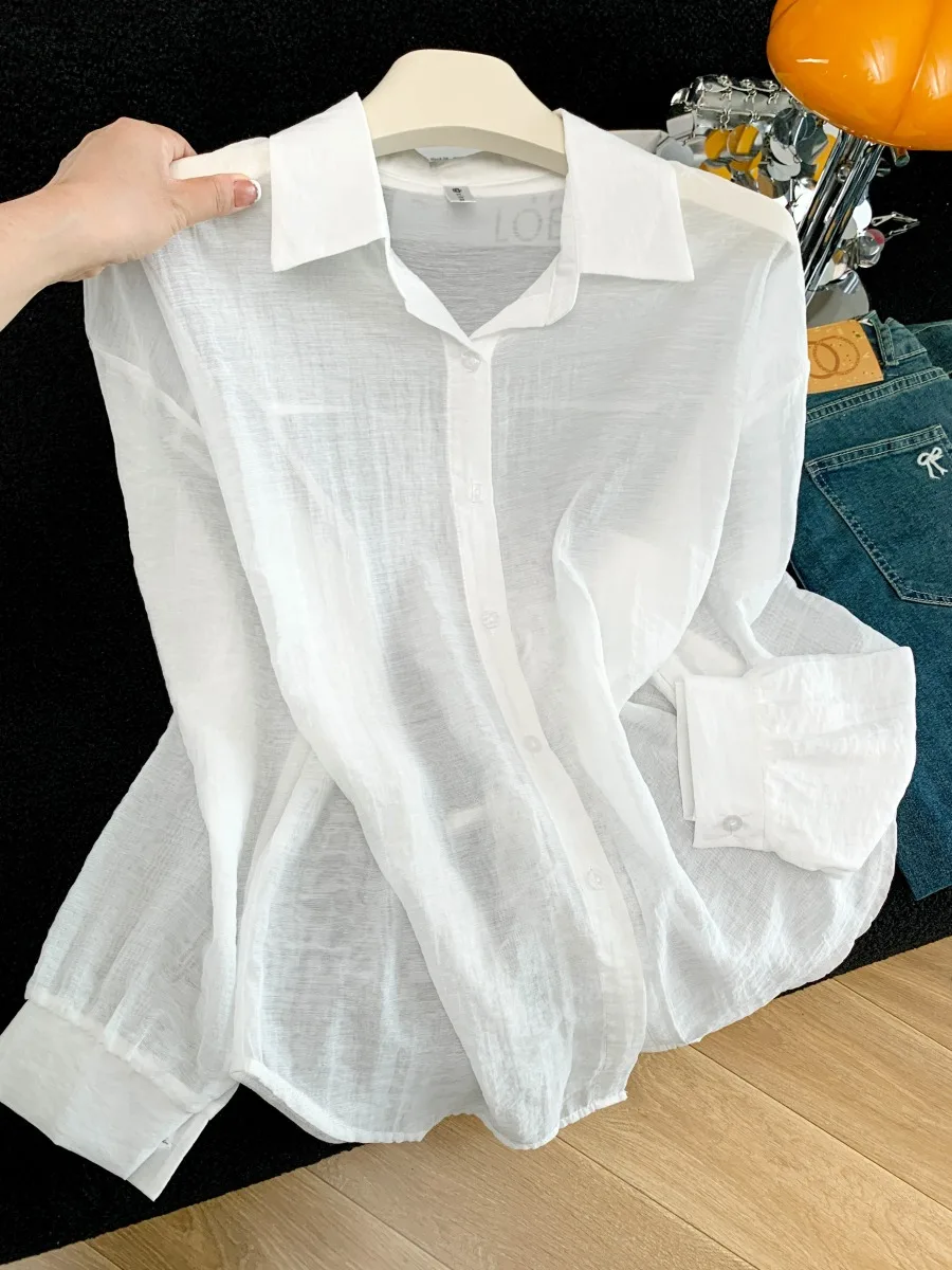 Korean Style Women's Summer New Design Breathable Thin Long Sleeve Shirt White Flip Collar Sun Protection Top Fashionable
Korean Style Women's Summer New Design Breathable Thin Long Sleeve Shirt White Flip Collar Sun Protection Top Fashionable