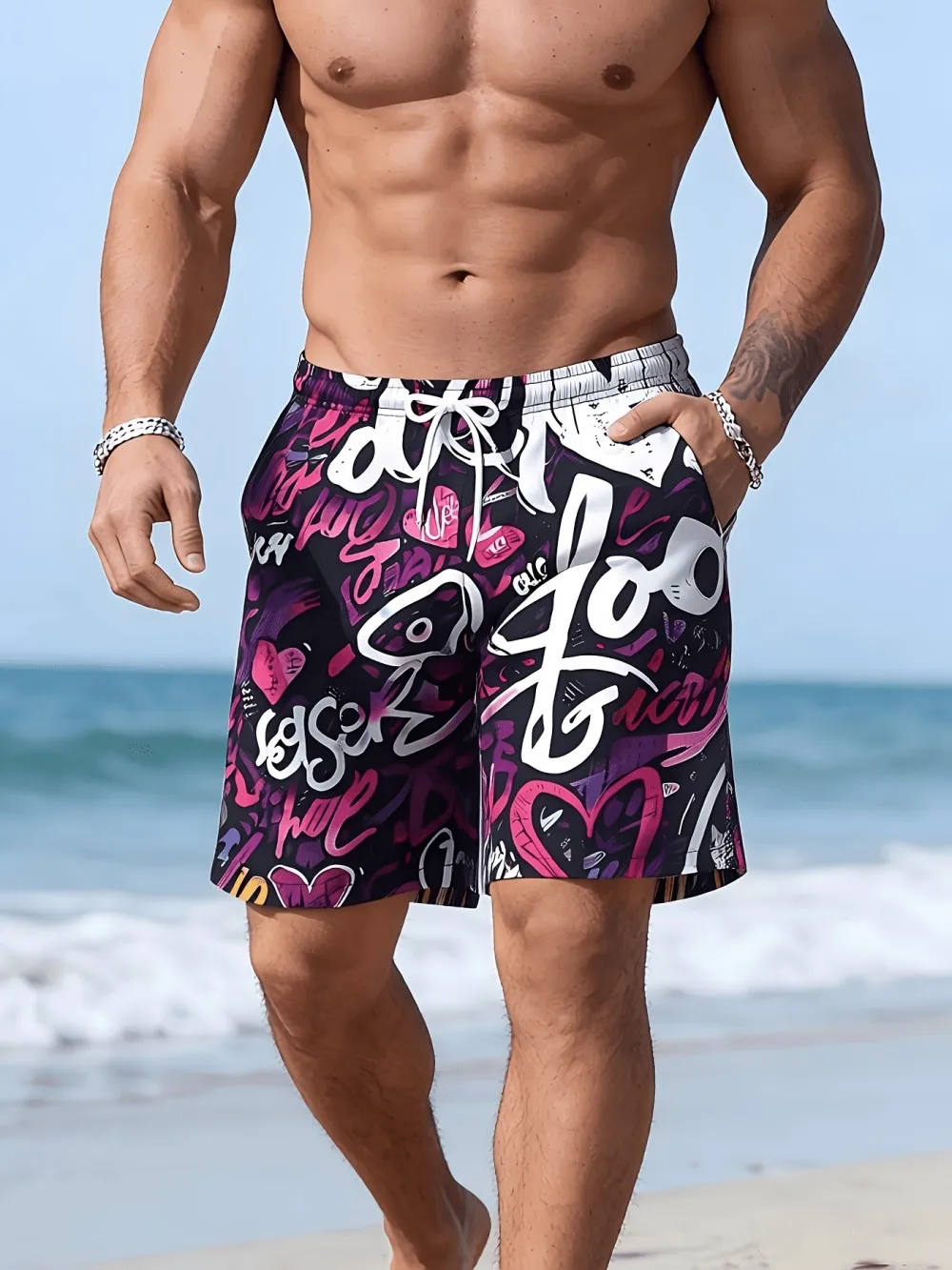 American men's summer striped graffiti printed micro elastic breathable drawstring shorts, outdoor vacation casual pants
American men's summer striped graffiti printed micro elastic breathable drawstring shorts, outdoor vacation casual pants