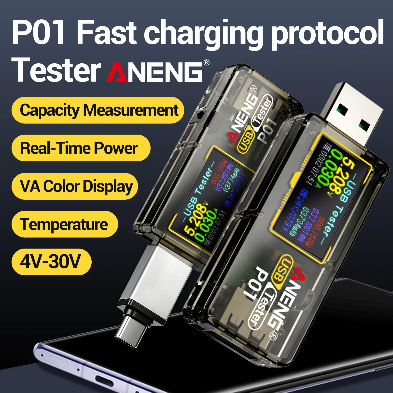 ANENG P01 USB Type-C Tester Voltmeter Ammeter Capacity Tester High Precision DC 4-32V 0-6A Digital Power Bank Detector tools
ANENG P01 USB Type-C Tester Voltmeter Ammeter Capacity Tester High Precision DC 4-32V 0-6A Digital Power Bank Detector tools
