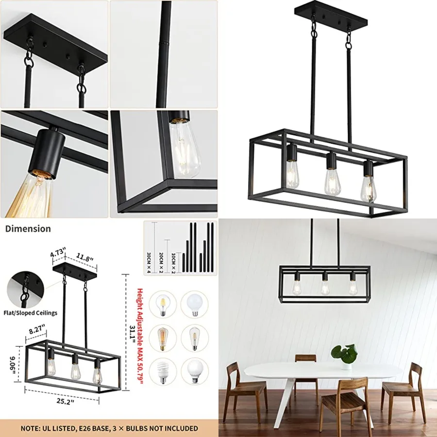 Black Kitchen Island Lighting, Modern Linear Cage Retangular Chandelier, 3 Lights Industrial Metal Hanging Light Fixture for Fa
Black Kitchen Island Lighting, Modern Linear Cage Retangular Chandelier, 3 Lights Industrial Metal Hanging Light Fixture for Fa