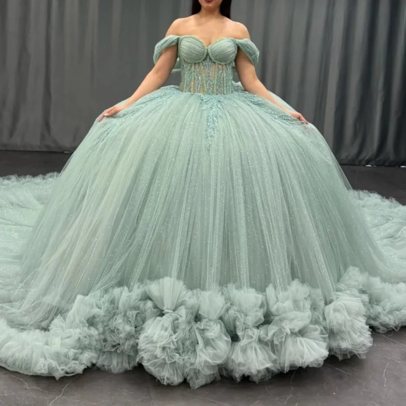 Светло-зеленые блестящие платья принцессы Quinceanera с аппликацией из кружева и бусин, многоуровневое тюлевое платье Sweet 16, бальное платье в форме сердца, Vestidos 15
Светло-зеленые блестящие платья принцессы Quinceanera с аппликацией из кружева и бусин, многоуровневое тюлевое платье Sweet 16, бальное платье в форме сердца, Vestidos 15