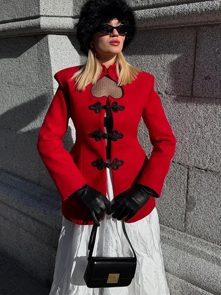 Женский красный блейзер в китайском стиле с вырезом, пуговицами-лягушками, длинными рукавами, приталенный, элегантный, повседневный, праздничный, модный, верхняя одежда
Женский красный блейзер в китайском стиле с вырезом, пуговицами-лягушками, длинными рукавами, приталенный, элегантный, повседневный, праздничный, модный, верхняя одежда