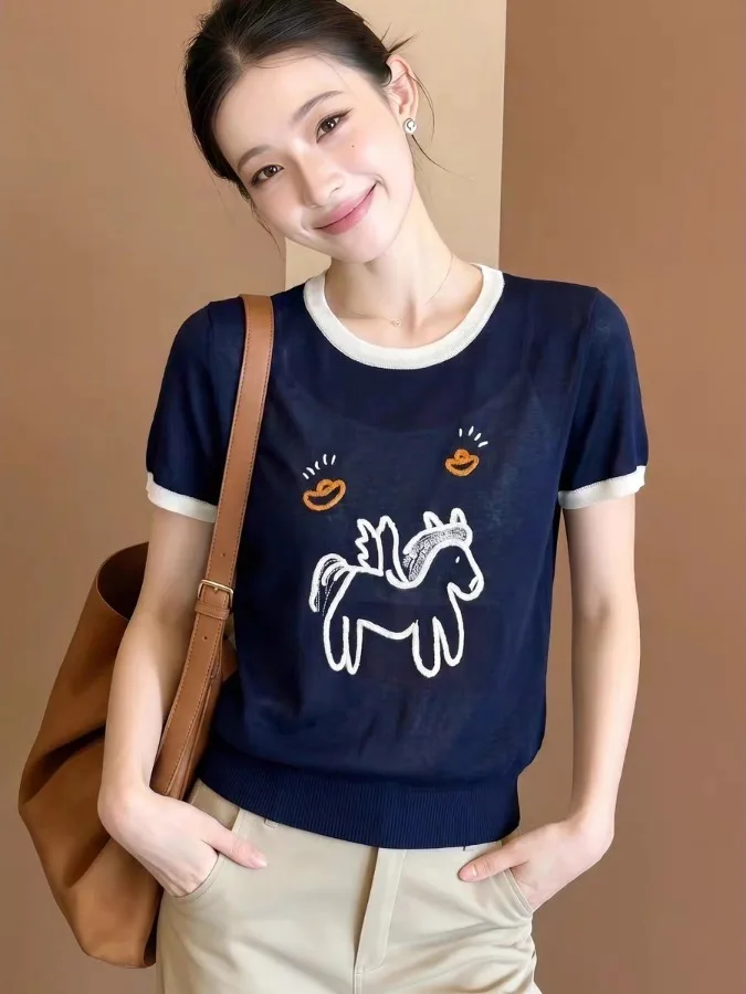 Cute Style Short Sleeve T-Shirt Women's Knitted Summer Top Color Block Print Label Removed Youthful Looking Casual Shirt
Cute Style Short Sleeve T-Shirt Women's Knitted Summer Top Color Block Print Label Removed Youthful Looking Casual Shirt