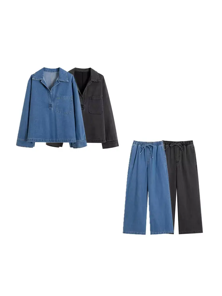 TRZA Women Fahion With Pockets Denim Loose Shirts And High Elastic Waist Drawstrings Wide Leg Pants Female Two Piece Sets Mujer
TRZA Women Fahion With Pockets Denim Loose Shirts And High Elastic Waist Drawstrings Wide Leg Pants Female Two Piece Sets Mujer