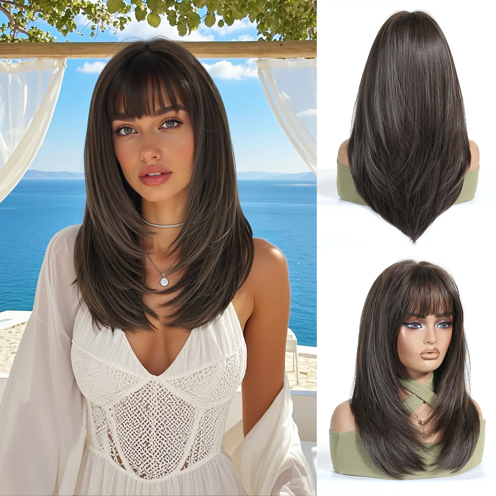 Dark Brown Layered Synthetic Wigs With Bangs Medium Straight Wig for Women Soft Natural Daily Party Fake Hair Use Heat Resistant
Dark Brown Layered Synthetic Wigs With Bangs Medium Straight Wig for Women Soft Natural Daily Party Fake Hair Use Heat Resistant
