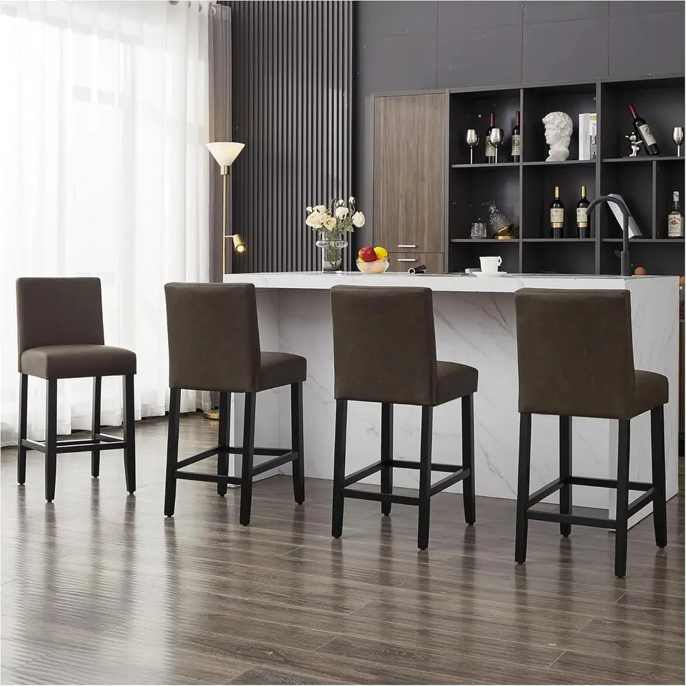 Set of 4 Brown Leather Upholstered Bar Stools with Solid Wood Legs and Back Support
Set of 4 Brown Leather Upholstered Bar Stools with Solid Wood Legs and Back Support
