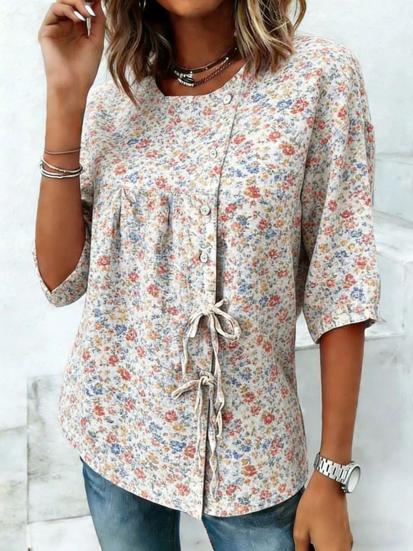 Women's Ditsy Floral Print Drawstring Button Up Blouse, Casual Round Neck Tops for Spring Summer Daily Vacation Wear
Women's Ditsy Floral Print Drawstring Button Up Blouse, Casual Round Neck Tops for Spring Summer Daily Vacation Wear