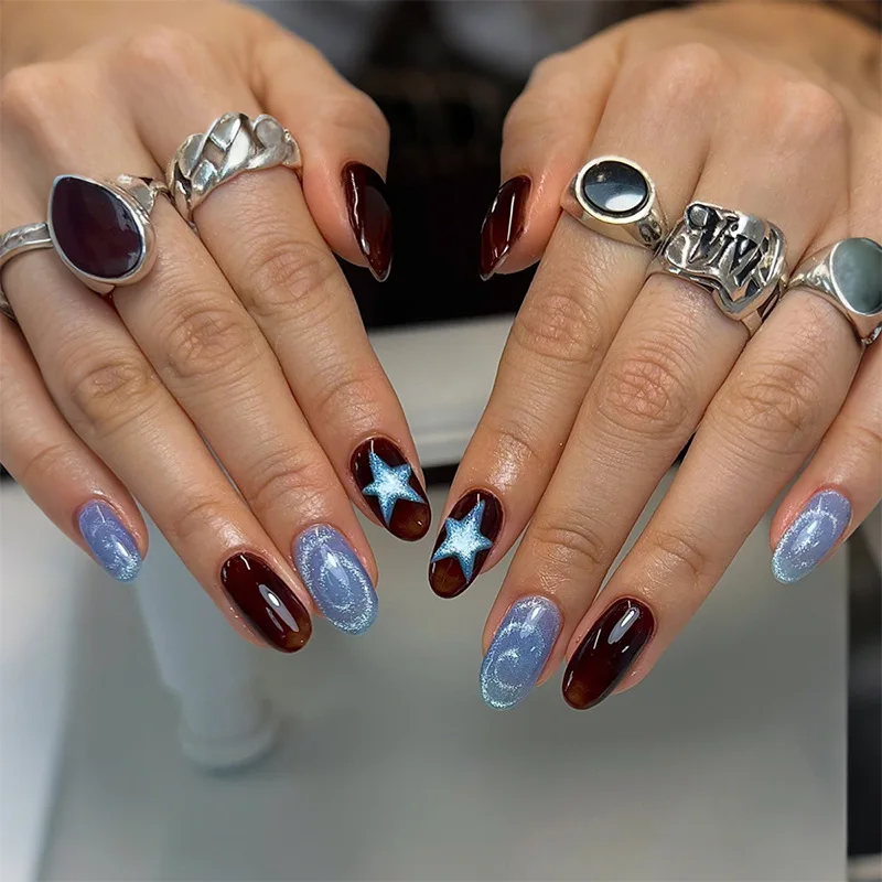 24Pcs Short Round Head Nails Set Press on Blus Cat's Eye Star Design Fake Nail for Woman Detachable Full Cover False Nails Tips
24Pcs Short Round Head Nails Set Press on Blus Cat's Eye Star Design Fake Nail for Woman Detachable Full Cover False Nails Tips